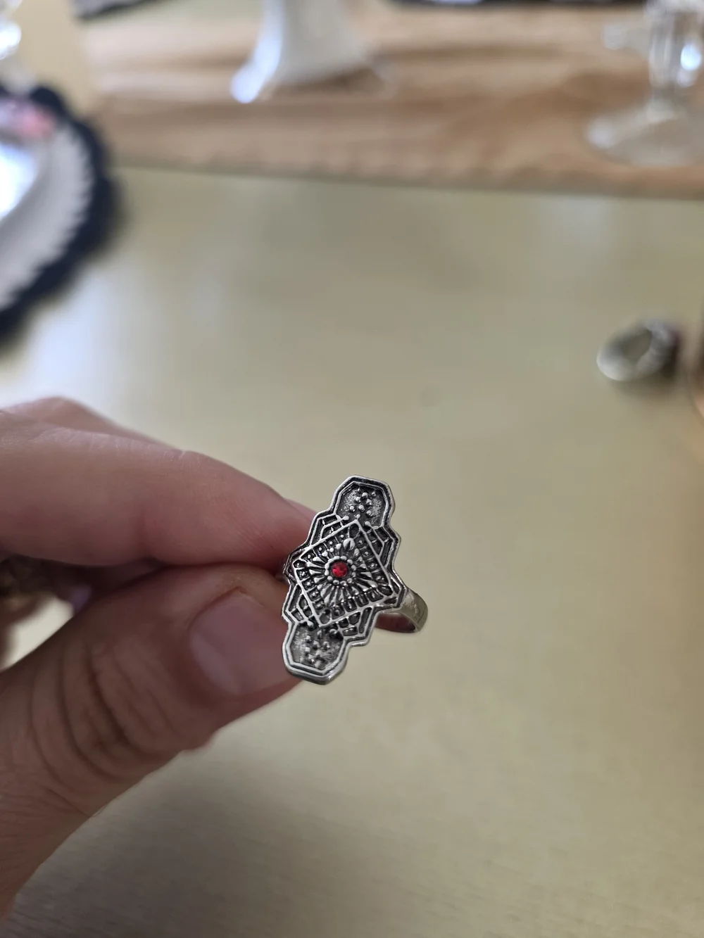 Silver-Color Filigree Ring with Red Accent Stone